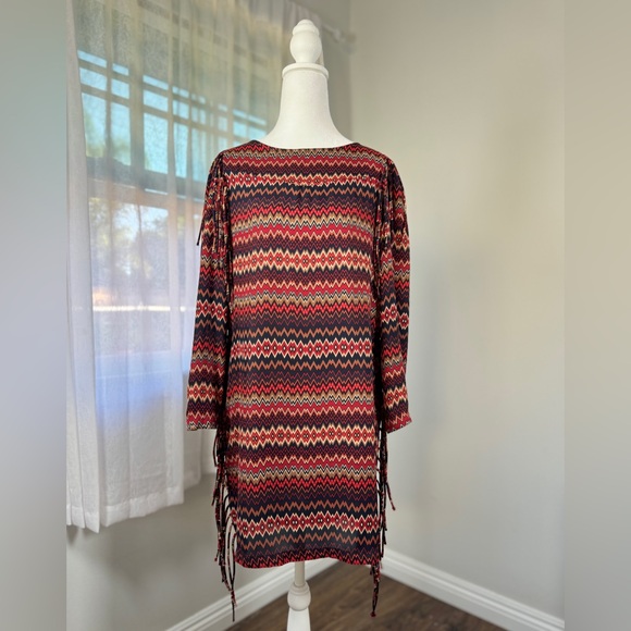 Zara Multicolored Zigzag Print Fringed Long Sleeve Midi Dress - Picture 2 of 7